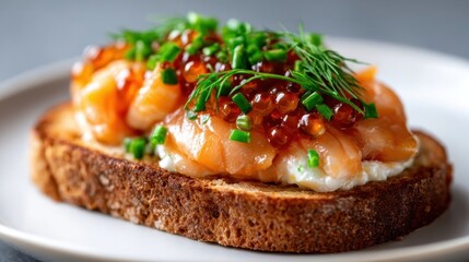 A delicious gourmet toast featuring fresh salmon, caviar, and vibrant herbs, arranged artistically on a plate, showcasing culinary artistry and freshness.