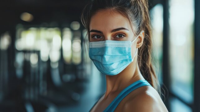 A woman wearing a blue mask in a gym.