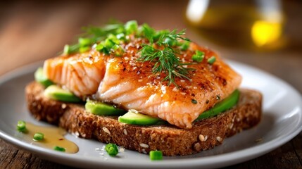 An appetizing image of perfectly cooked salmon served on a slice of rustic bread, garnished with fresh greens and avocado, highlighting culinary artistry and healthy dining.