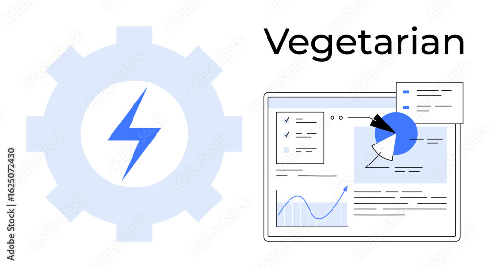 Poster gear with lightning bolt next to data dashboard featuring charts, graphs, and data visualizations. i