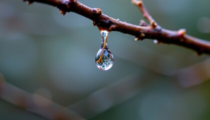 macro of a raindrop hanging on a branch
