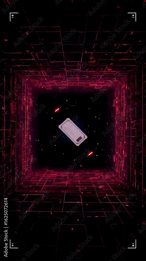 Poster torn movie ticket stub floating in abstract digital tunnel with pink lights