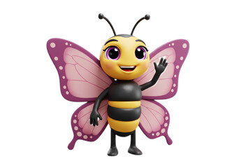 Cartoon Butterfly Character Waving with Pink Wings on Transparent Background