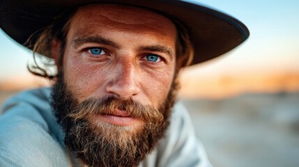 A striking portrait of a bearded man with intense blue eyes set against a colorful sunset backdrop, merging ruggedness with beauty in a captivating visual narrative.