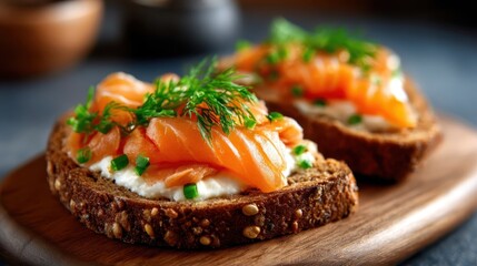 A visually appealing plate featuring slices of fresh salmon delicately arranged on dark bread, garnished with dill and scallions, perfect for culinary artistry and gourmet dining.