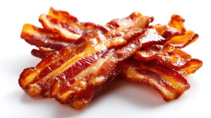 An appetizing display of crispy bacon strips laid out on a clean white background, emphasizing their texture and golden-brown color, a perfect representation of breakfast indulgence.