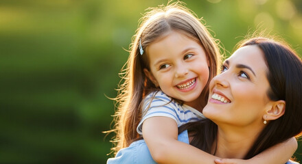 A beautiful mother and her smiling daughter enjoying a close, loving moment outdoors, perfect for illustrating a deep mother-daughter connection and happiness