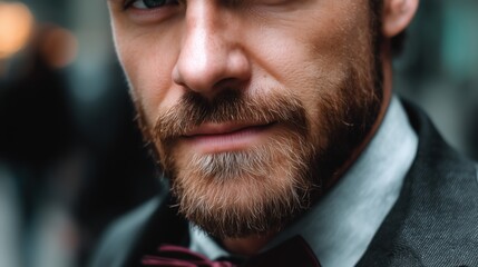 Sharp-looking man in a bow tie with intense gaze. Perfect for cinematic portraits, grooming ads, luxury lifestyle campaigns, or personality-driven branding.
