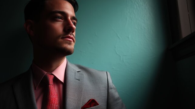 Stylish man in grey suit and red tie by teal wall. Great for fashion campaigns, menswear catalogs, modern editorial spreads, or personal branding assets.