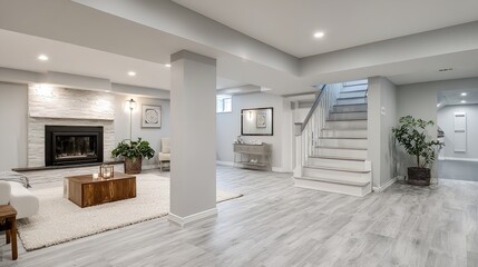 Beautifully renovated basement featuring cozy living area with fireplace and stunning staircase design