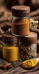 Three glass spice jars with wooden lids, atop a dark brown fabric.  A fourth jar, containing a mix of seeds, and a wooden spoon with turmeric powder are in the foreground