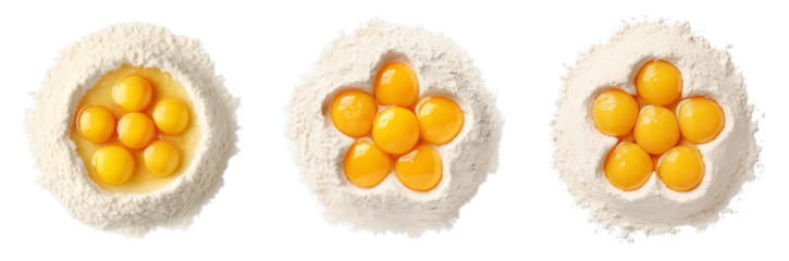 Set of various top view of flour with yolks in the center isolated on transparent background