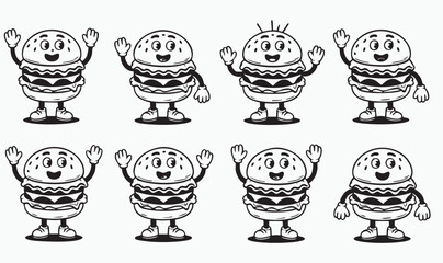 Set of hand drawn cute burger cartoon character in doodle style Vector illustration.