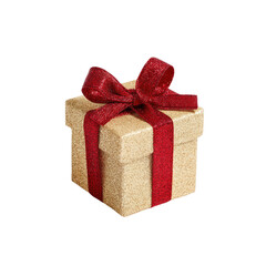 Obraz premium Glittery Gold Gift Box with Red Bow for Celebrations and Special Occasions