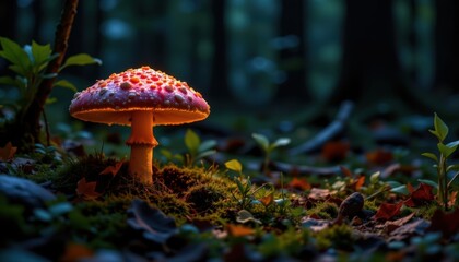 close up of glowing mushroom in dark forest