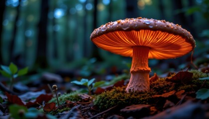 close up of glowing mushroom in dark forest