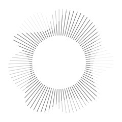 Radial wave sound lines. Circular frame. Sound circle ring. Wavy roun frame. Radial sun rays symbol. Wavy geometric silhouette. Abstract design element. Vector illustration on white background.
