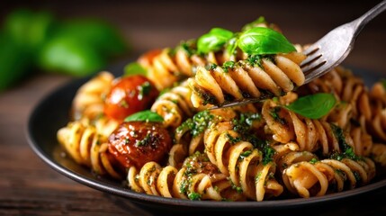 A fork swirling vibrant pasta, adorned with fresh basil and cooked cherry tomatoes offers a delectable glimpse into Italian cuisine’s rich culinary traditions.