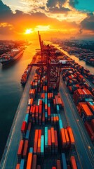 Golden Hour at the Port: Aerial View of Container Terminal at Sunset