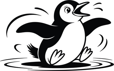 Fototapeta premium Joyful cartoon penguin with open beak and flippers spread wide in a puddle