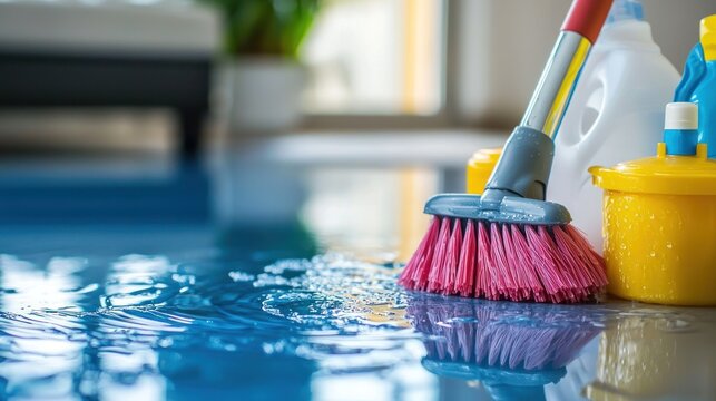 A pink and red mop with a yellow bucket and cleaning supplies on a blue floor.