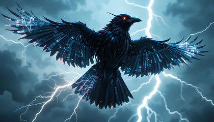 Majestic black raven spreading wings against a dramatic stormy sky with bright lightning strikes illuminating the scene
