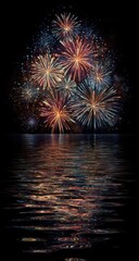 Colorful fireworks display reflected in a dark water surface