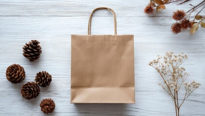 Obraz premium A light beige paper shopping bag sits centered on a white wooden surface, surrounded by dried natural elements