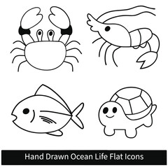 Hand-drawn ocean life vector icons: crab, shrimp, fish, turtle in black and white outline, playful aquatic sketches for marine design and creative use