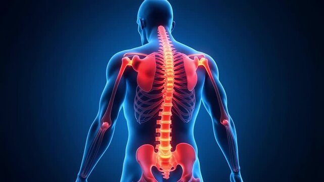 3d medical illustration of human spine and skeleton from back view

