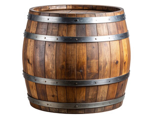Fototapeta premium Old Wooden Barrel with Metal Hoops, Upright Position, Front View, Isolated PNG