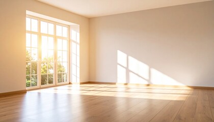 Sun-drenched empty room with large window and natural light casting geometric shadows on wooden floor