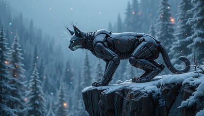 A powerful robotic lynx with glowing red eyes stands alert on a snowy cliff edge overlooking a dark misty forest with falling snow and distant lights