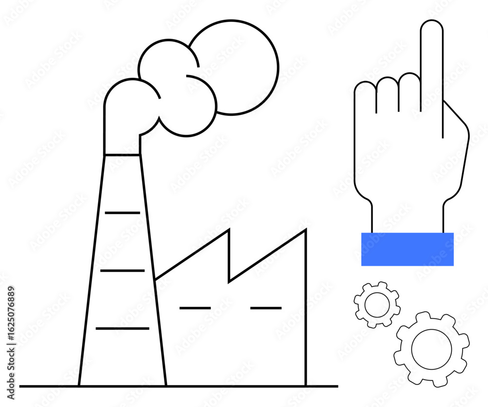 Poster smokestack emitting clouds linked to industrial building, hand gesture symbolizing system control, s
