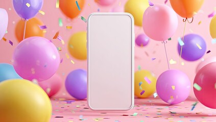 A blank smartphone surrounded by colorful balloons and confetti on a pink background