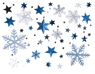 Snowflake and Star Holiday Confetti Falling Vertically, Light Glitter Effect, Transparent PNG