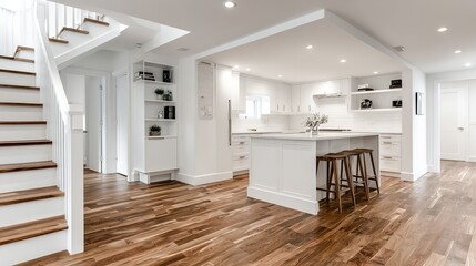Bright Open-Concept Kitchen and Stairway Design Featuring White Cabinets and Hardwood Floors