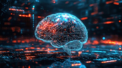 A glowing, futuristic brain with circuitry and neon lights, set against a dark, digital background with glowing lines and a grid-like pattern.