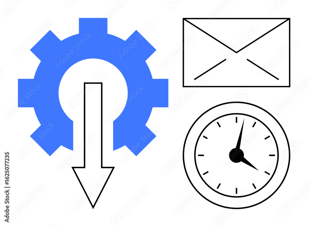 Poster blue gear with downward arrow, analog clock, and envelope representing workflow automation, time opt