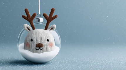 Christmas ornament with cute reindeer toy inside glass ball. Winter celebration and joy concept.