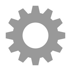 Grey gear wheel icon silhouette on white background, simple mechanical cog symbol for industrial engineering and settings design