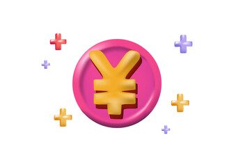 3D Yen Symbol on Pink Circle with Plus Signs