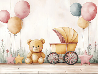 An invitation to a party in honor of the birth of a child, made by watercolor. Teddy Bear Card