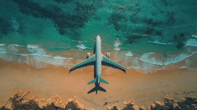 Airplane Landing on Tropical Beach Paradise: An Aerial View