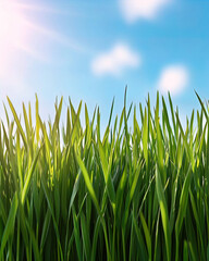 Obraz premium AI Generated - Lush green grass field with a bright blue sky in the background. Commercial illustration artwork for business applications. High-resolution. Premium quality. Professional grade.