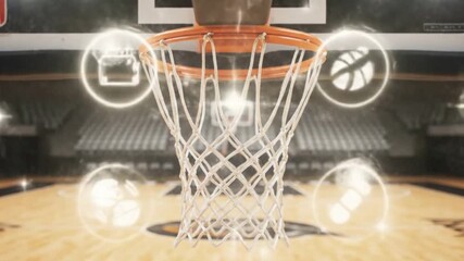 Basketball hoop in a large arena with glowing digital interface icons representing sports strategy and game analytics. - Powered by Adobe
