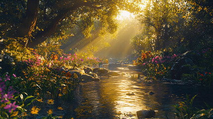 AI Generated - River running through a lush green forest, with trees, plants, flowers, and stones along the banks. Professional stock photography for commercial use. High-resolution. Premium quality.