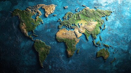A detailed map of the world with countries and continents labeled, set against a textured blue background. © sambath