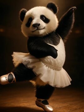 Adorable panda in a delicate ballet tutu performing a graceful dance pose on a wooden stage