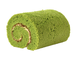 Isolated matcha roll cake with soft shadows on transparent background